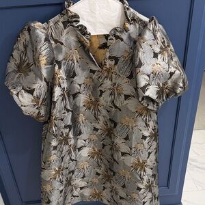 glam Silver and Gold Floral Puff Sleeve Dress